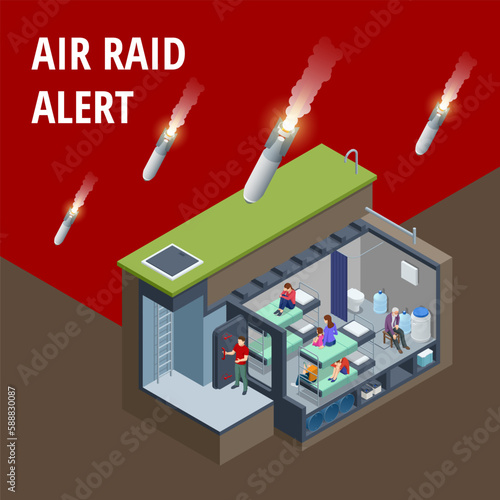 Isometric concrete bomb shelter, Bunker, bombproof shelter, air-raid shelter. Underground bomb shelter with beds, and a supply of food for survival. Ballistic missile flies. Stop the war.