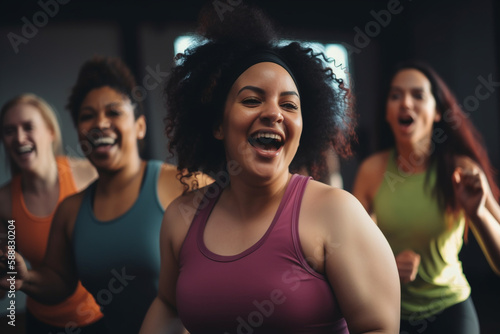 Group of bodypositive adult mature women having fun doing fitness or dancing. Generative AI 