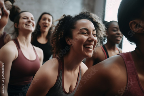Group of women of different ages doing fitness. Generative AI 