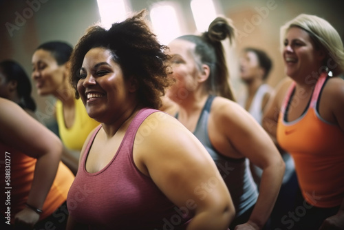 Group of bodypositive adult mature women having fun doing fitness or dancing. Generative AI 