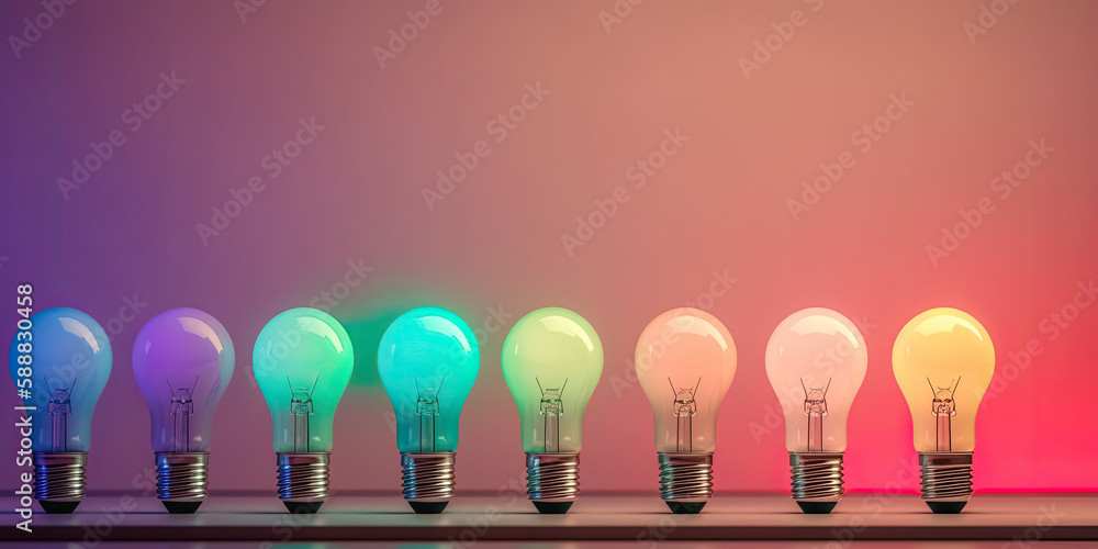 A variety of colored light bulbs in a row, each on a pastel background. Innovative thinking; original plan of action. Concept of achieving success, generative AI