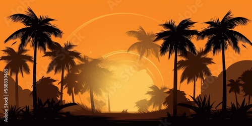 Sunset with palm trees, vector, illustration, bold colors © Enea