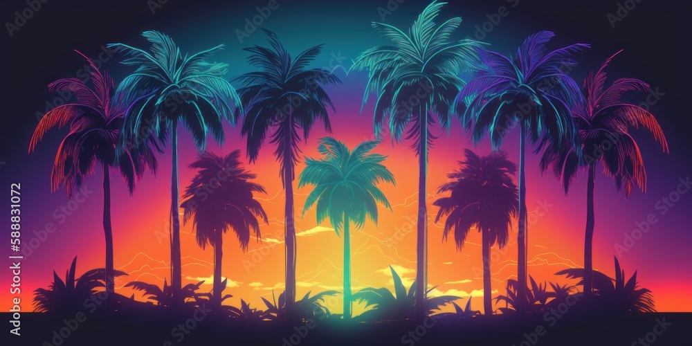 Sunset with palm trees, vector, illustration, bold colors
