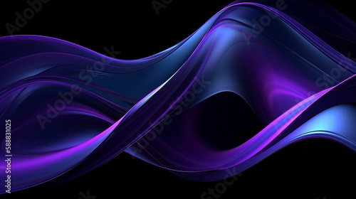 Abstract 3D transparent, dark blue and violet color twisted wavy glass morphism. black color background