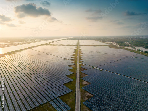 Aerial view of large sustainable electrical power plant with many rows of solar photovoltaic panels for producing clean ecological electric energy in countryside with sunset sky
