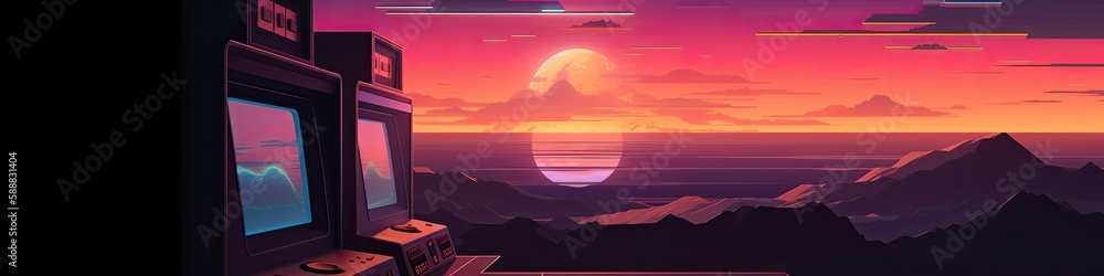 Landscape with arcade machine, mountains and sunset in the background, retro video game, 80's. Generative AI