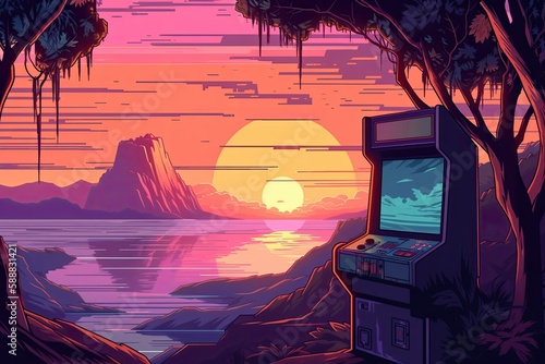 Landscape with arcade machine, mountains and sunset in the background, retro video game, 80's. Generative AI photo