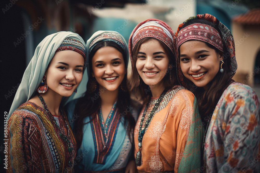 Portrait of a multinational multiethnic group of women in bright national dresses. Generative AI Portrait of a multinational multiethnic group of women in bright national dresses. Generative AI