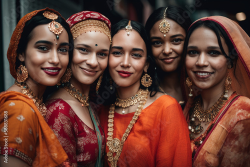Portrait of a multinational multiethnic group of women in bright national dresses. Generative AI 