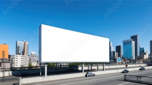 Cityscape Blank White Billboard Mockup with Blue Sky Background  Ideal for Eye-catching Advertising Campaigns  AI generated.