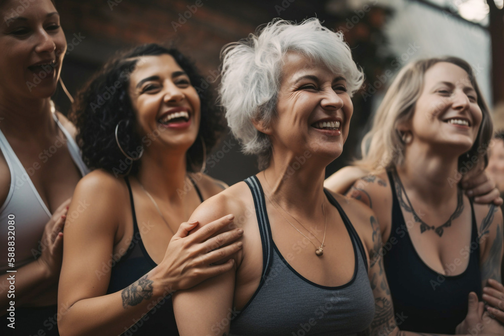 Group of women of different ages doing fitness. generative AI Group of women of different ages doing fitness. generative AI
