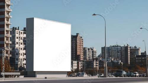 Cityscape Blank White Billboard Mockup with Blue Sky Background: Ideal for Eye-catching Advertising Campaigns, AI generated.