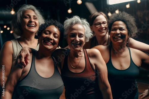 Group of women of different ages doing fitness.  generative AI © xartproduction