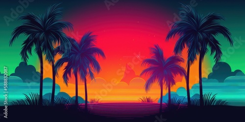 Sunset with palm trees, vector, illustration, bold colors © Enea