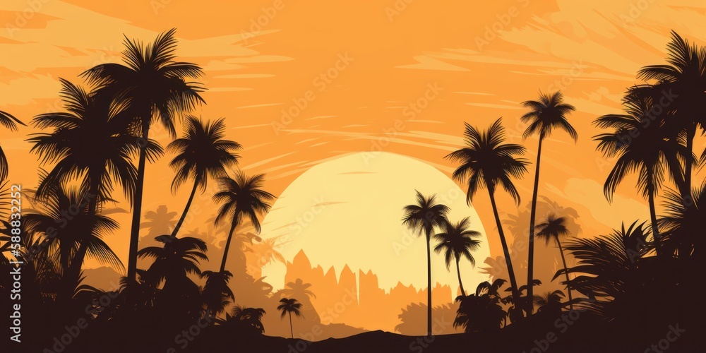 Sunset with palm trees, vector, illustration, bold colors