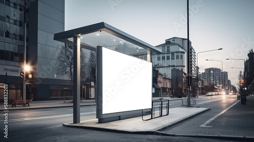 Blank White Billboard Mockup at Downtown City Bus Stop: Ideal for Impactful Advertising Campaigns, AI generated.