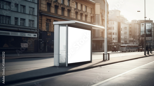 Blank White Billboard Mockup at Downtown City Bus Stop: Ideal for Impactful Advertising Campaigns, AI generated.