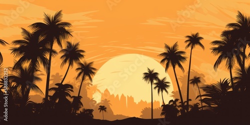 Sunset with palm trees  vector  illustration  bold colors