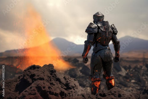 Landscape with lava monster and molten rock, volcanic landscape. Generative AI