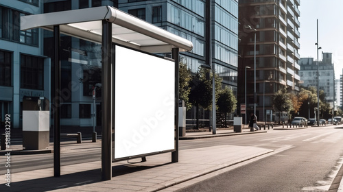 Wallpaper Mural Blank White Billboard Mockup at Downtown City Bus Stop: Ideal for Impactful Advertising Campaigns, AI generated. Torontodigital.ca