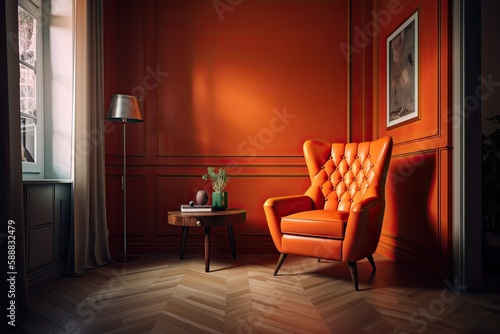 Orange armchair and empty orange wall in the background. AI digital illustration