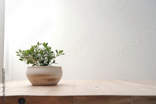 Wooden Table with House Plant in Pot Closeup Background with Copy Space