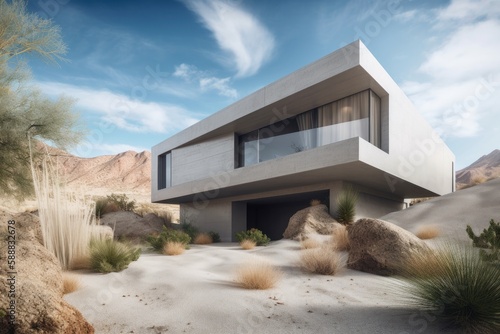Landscape with modern house, concrete finish, architecture concept. Generative AI