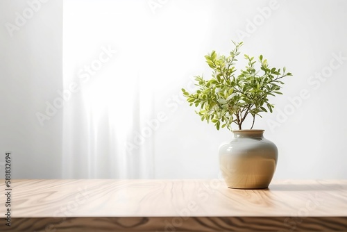 Wooden Table with House Plant in Pot Closeup Background with Copy Space