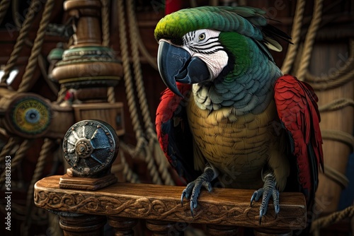 Pirate parrot illustration, pirate ship in the background. Generative AI photo