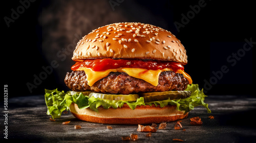 Fresh beef burger on black background. Big tasty cheeseburger close-up. Generative AI. High quality illustration