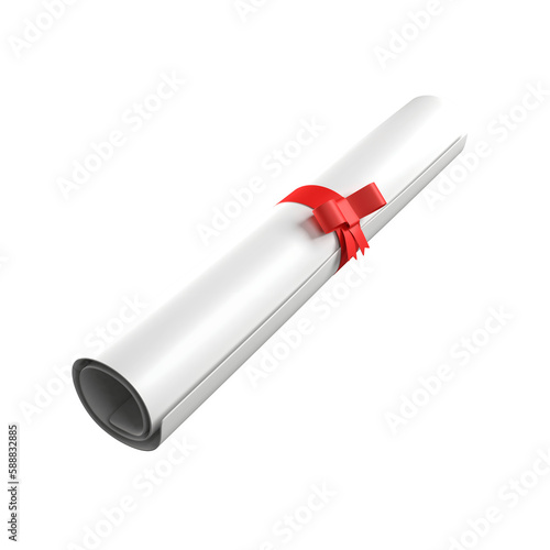 3D Render Illustration of Rolled White Paper Diploma with a Red Ribbon