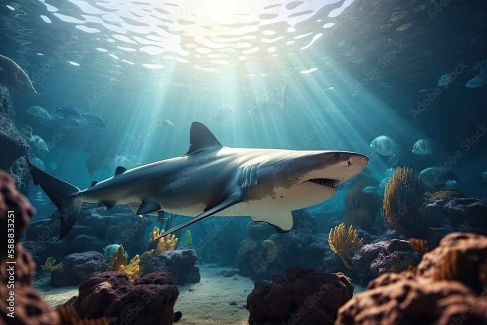 Fototapeta premium Shark illustration under the sea, corals and reefs, marine life concept. Generative AI