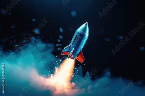 Rocket illustration, business and startup concept, dark blue background. Generative AI