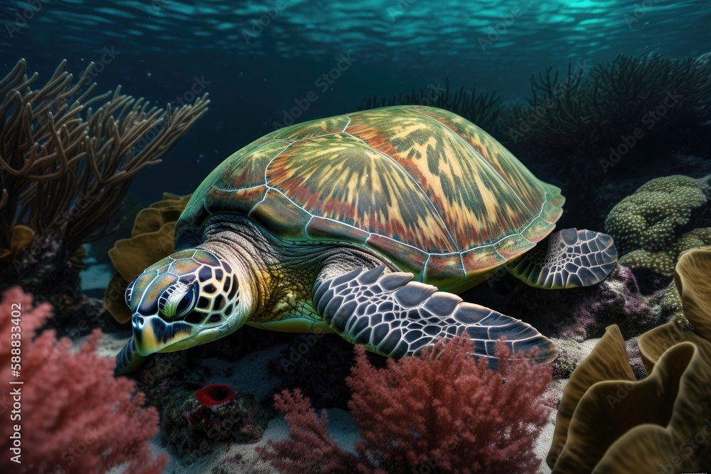 Obraz premium Turtle illustration under the sea, corals and reefs, marine life concept. Generative AI