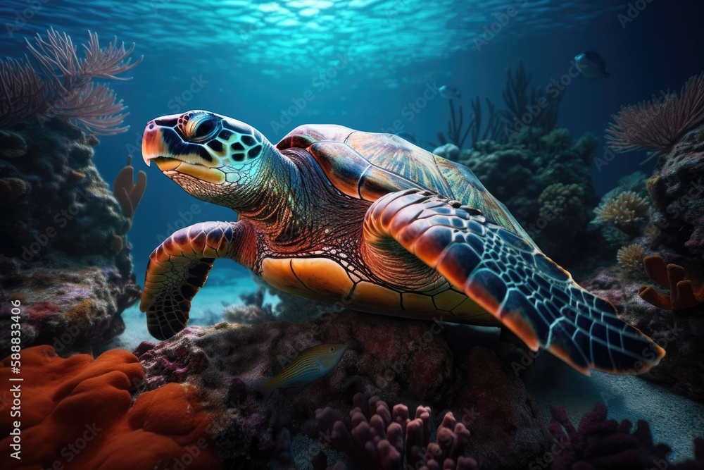 Turtle illustration under the sea, corals and reefs, marine life concept. Generative AI Turtle illustration under the sea, corals and reefs, marine life concept. Generative AI