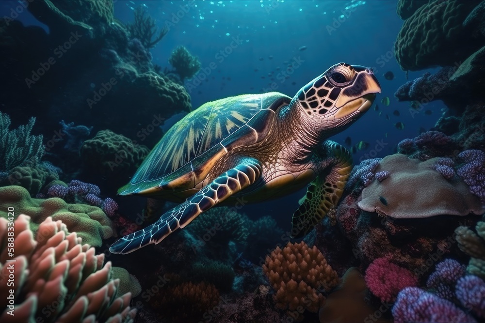 Turtle illustration under the sea, corals and reefs, marine life concept. Generative AI Turtle illustration under the sea, corals and reefs, marine life concept. Generative AI