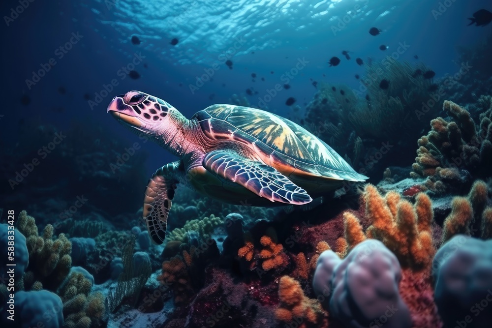 Turtle illustration under the sea, corals and reefs, marine life concept. Generative AI Turtle illustration under the sea, corals and reefs, marine life concept. Generative AI