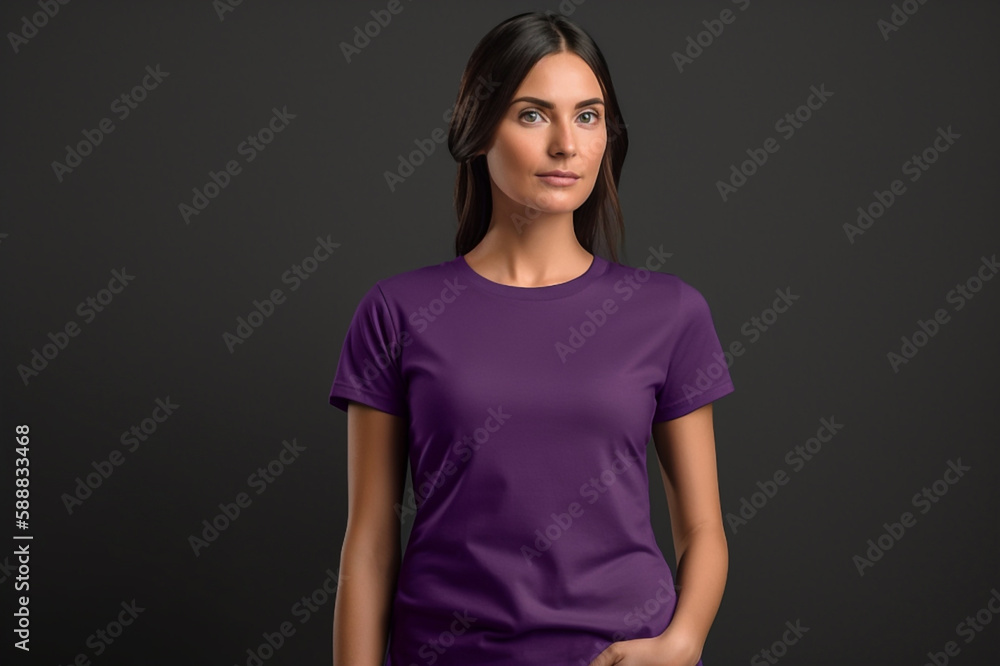 Generative AI. Purple T-Shirt Mockup on Female Model Generative AI. Purple T-Shirt Mockup on Female Model