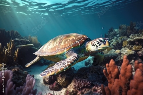 Turtle illustration under the sea, corals and reefs, marine life concept. Generative AI