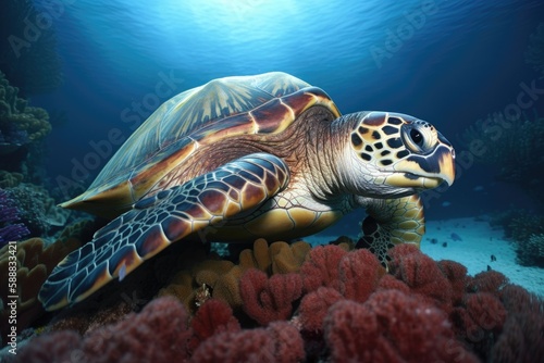 Turtle illustration under the sea, corals and reefs, marine life concept. Generative AI