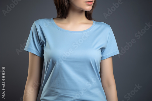Generative AI. Blue T-Shirt Mockup on Female Model