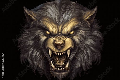 Illustration of a werewolf's face, folklore concept. Generative AI
