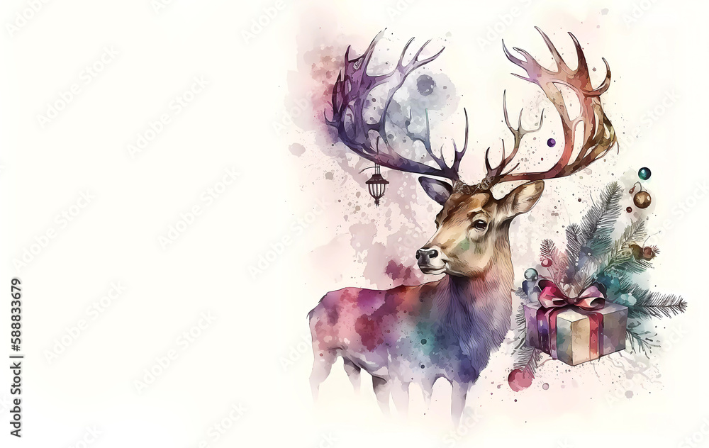 Deer with antlers and a present for Christmas. Copy space. Banner. Generative AI