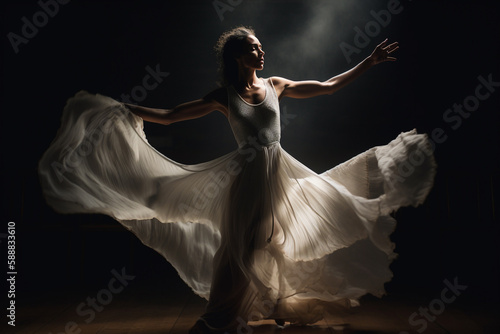 young woman dancing in the dark in a beautiful white dress by candlelight