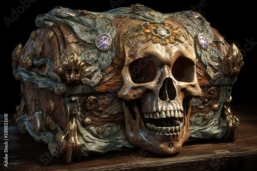 Illustration of wooden pirate chest with skull. Generative AI