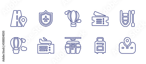 Travel line icon set. Editable stroke. Vector illustration. Containing road, travel insurance, hot air balloon, plane tickets, rescue boat, travel, cable car.