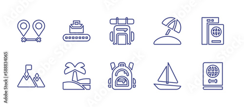 Travel line icon set. Editable stroke. Vector illustration. Containing destination, conveyor, backpack, beach, passport, hiking, oasis, sailboat.