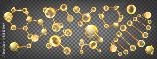 Gold oil molecule set, yellow collagen ball, jojoba nano 3D cell, vector bio abstract medical icon. Beauty science skin care molecular concept, natural bubble kit. Gold molecule atom illustration