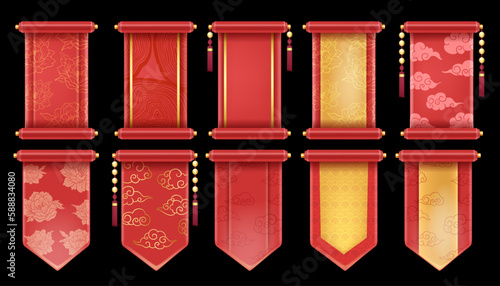 3D Chinese scroll set, red festive banner kit, vector royal asian game UI traditional design element. Luxury celebration China background, spring floral print, silk banner. Chinese scroll collection