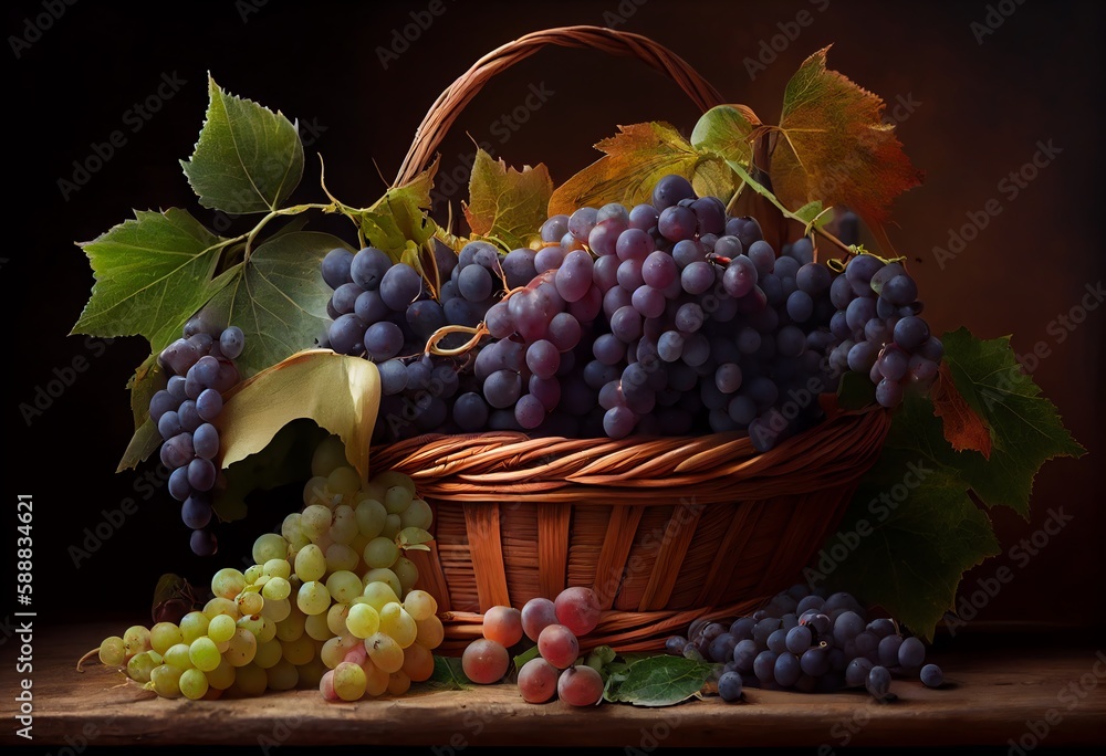 Fototapeta premium Basket With Freshly Picked Bunches Of Grapes. Generative AI